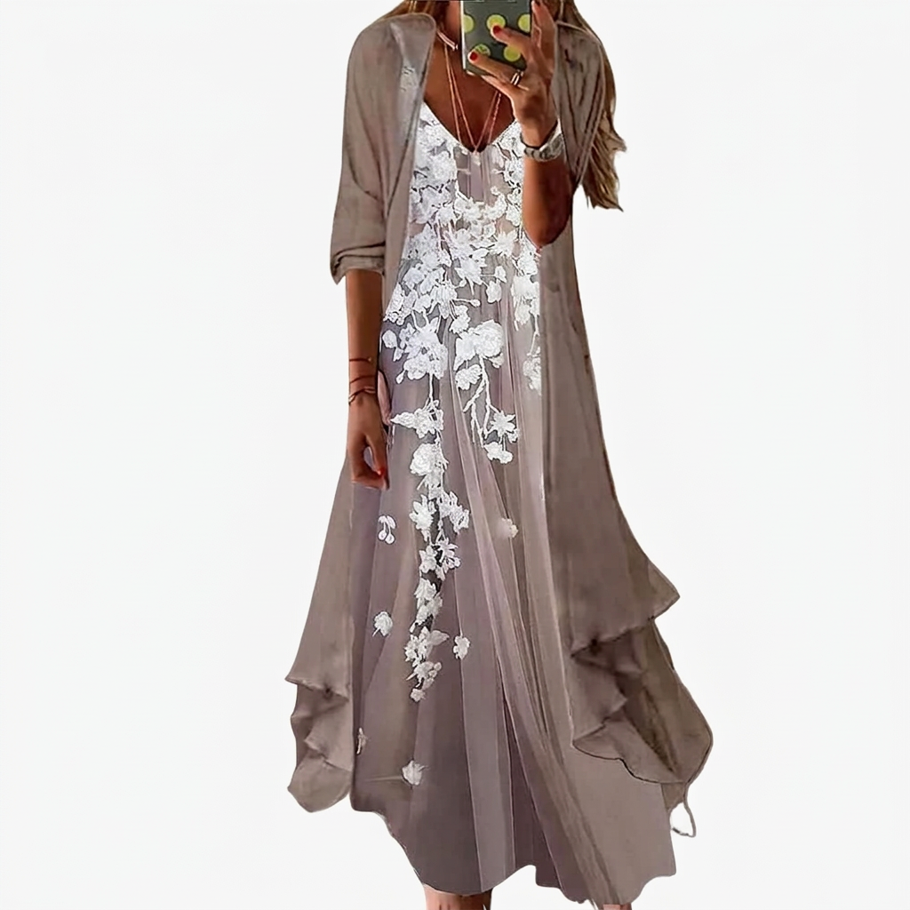 Floral Maxi Dress Two-Piece Set Women's Sage Green Chiffon V-Neck – Casual, Holiday, Office, Gift