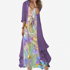 Floral Maxi Dress Two-Piece Set Women's Sage Green Chiffon V-Neck – Casual, Holiday, Office, Gift