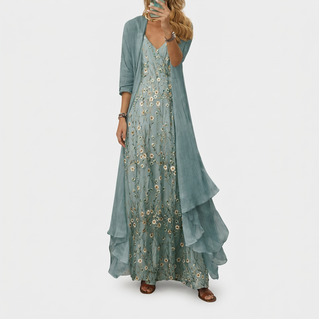 Floral Maxi Dress Two-Piece Set Women's Sage Green Chiffon V-Neck – Casual, Holiday, Office, Gift