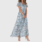 Floral Maxi Dress Women's V-Neck Flutter Sleeve Long Chiffon Gown – Wedding Guest, Party, Summer, Gift