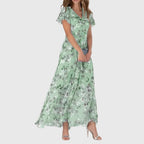 Floral Maxi Dress Women's V-Neck Flutter Sleeve Long Chiffon Gown – Wedding Guest, Party, Summer, Gift