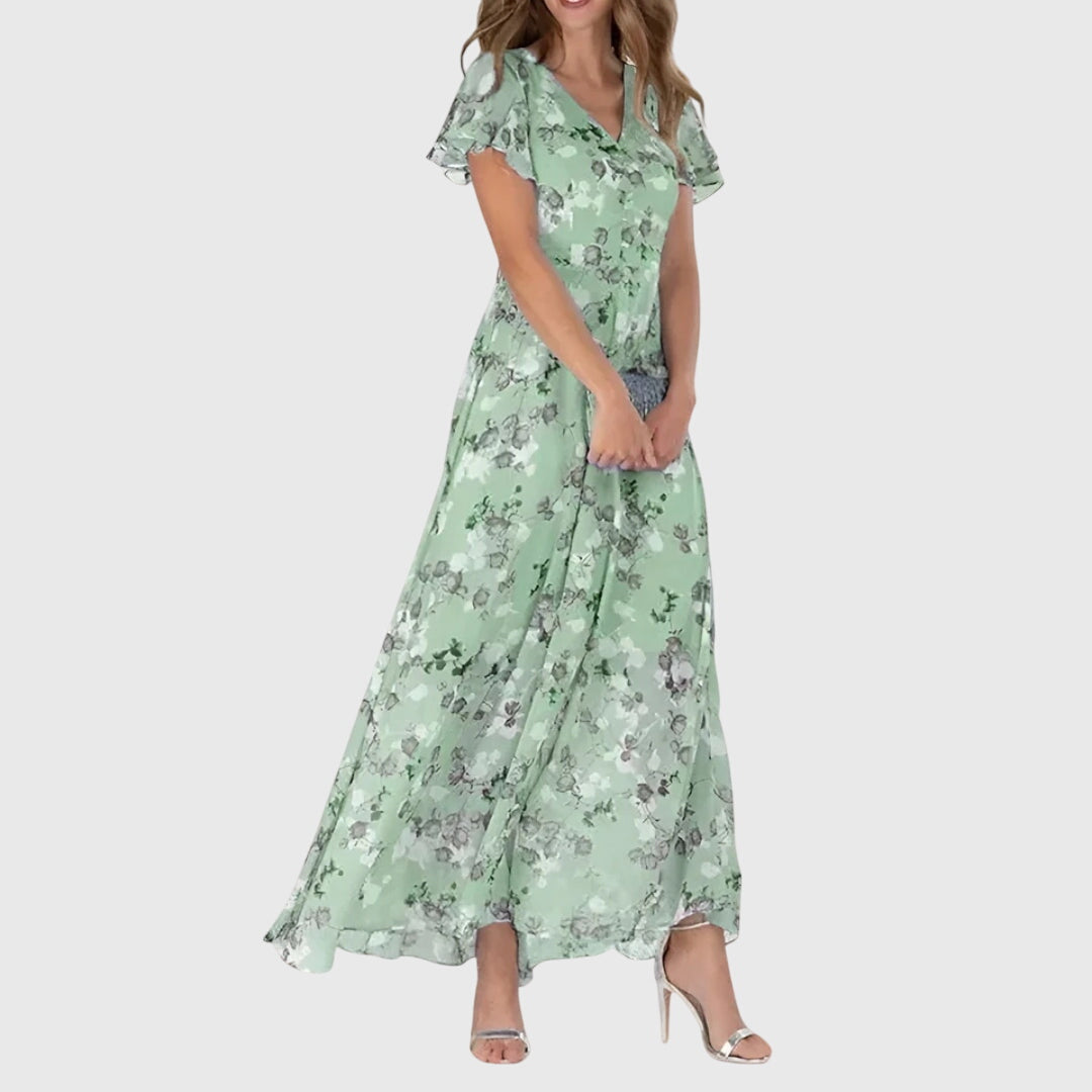 Floral Maxi Dress Women's V-Neck Flutter Sleeve Long Chiffon Gown – Wedding Guest, Party, Summer, Gift