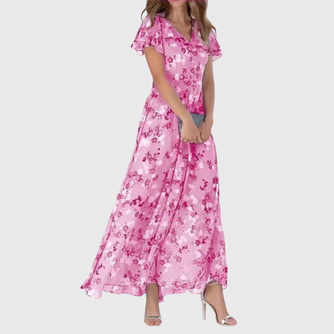 Floral Maxi Dress Women's V-Neck Flutter Sleeve Long Chiffon Gown – Wedding Guest, Party, Summer, Gift