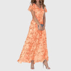 Floral Maxi Dress Women's V-Neck Flutter Sleeve Long Chiffon Gown – Wedding Guest, Party, Summer, Gift