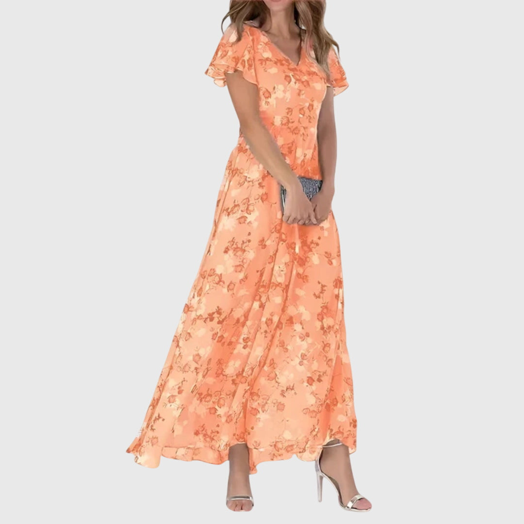 Floral Maxi Dress Women's V-Neck Flutter Sleeve Long Chiffon Gown – Wedding Guest, Party, Summer, Gift