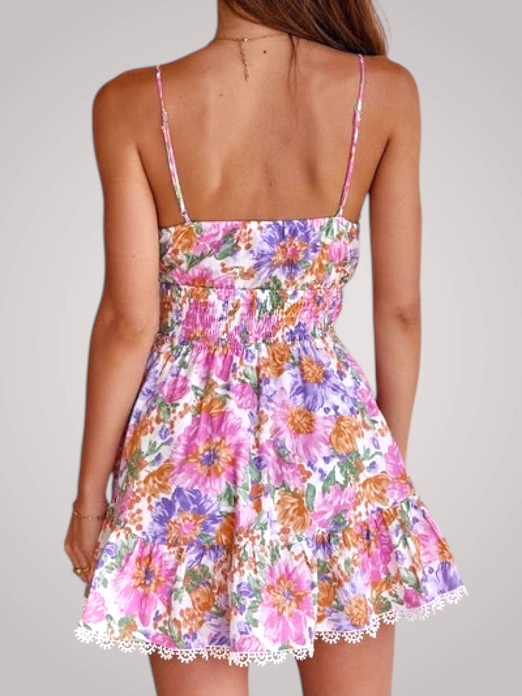 Floral Mini Dress Pink Lace Trim Tie-Front Women's – Summer, Vacation, Casual, Beach Party