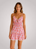 Floral Mini Dress Pink Lace Trim Tie-Front Women's – Summer, Vacation, Casual, Beach Party