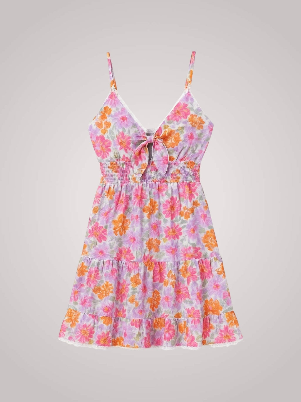 Floral Mini Dress Pink Lace Trim Tie-Front Women's – Summer, Vacation, Casual, Beach Party