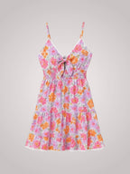 Floral Mini Dress Pink Lace Trim Tie-Front Women's – Summer, Vacation, Casual, Beach Party