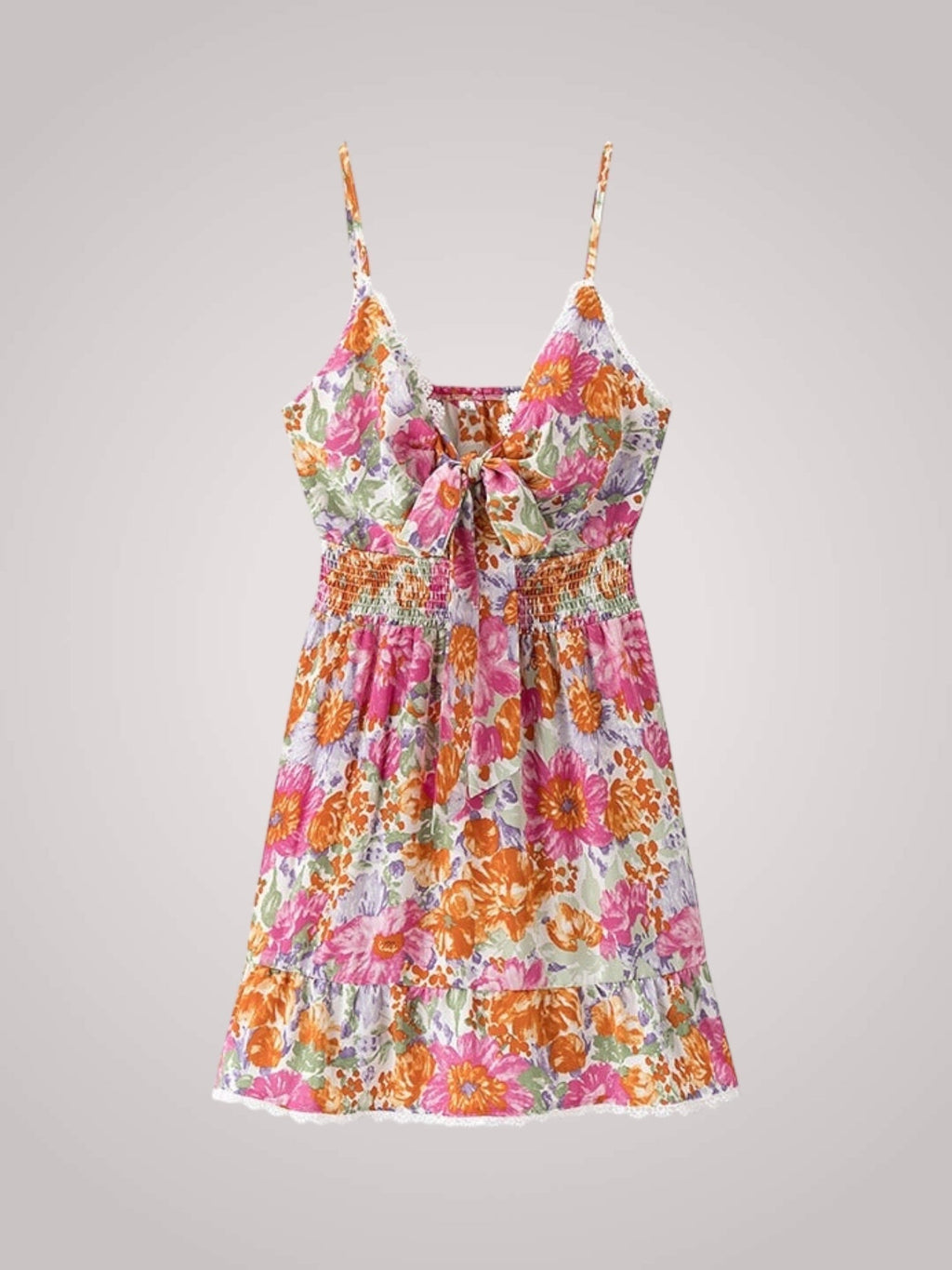 Floral Mini Dress Pink Lace Trim Tie-Front Women's – Summer, Vacation, Casual, Beach Party