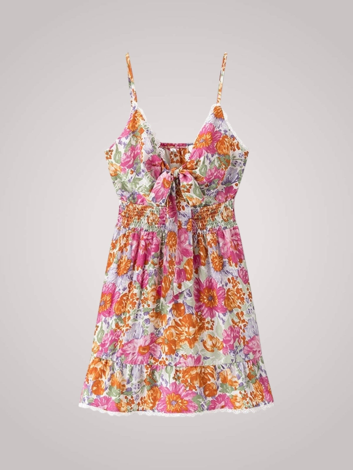 Floral Mini Dress Pink Lace Trim Tie-Front Women's – Summer, Vacation, Casual, Beach Party
