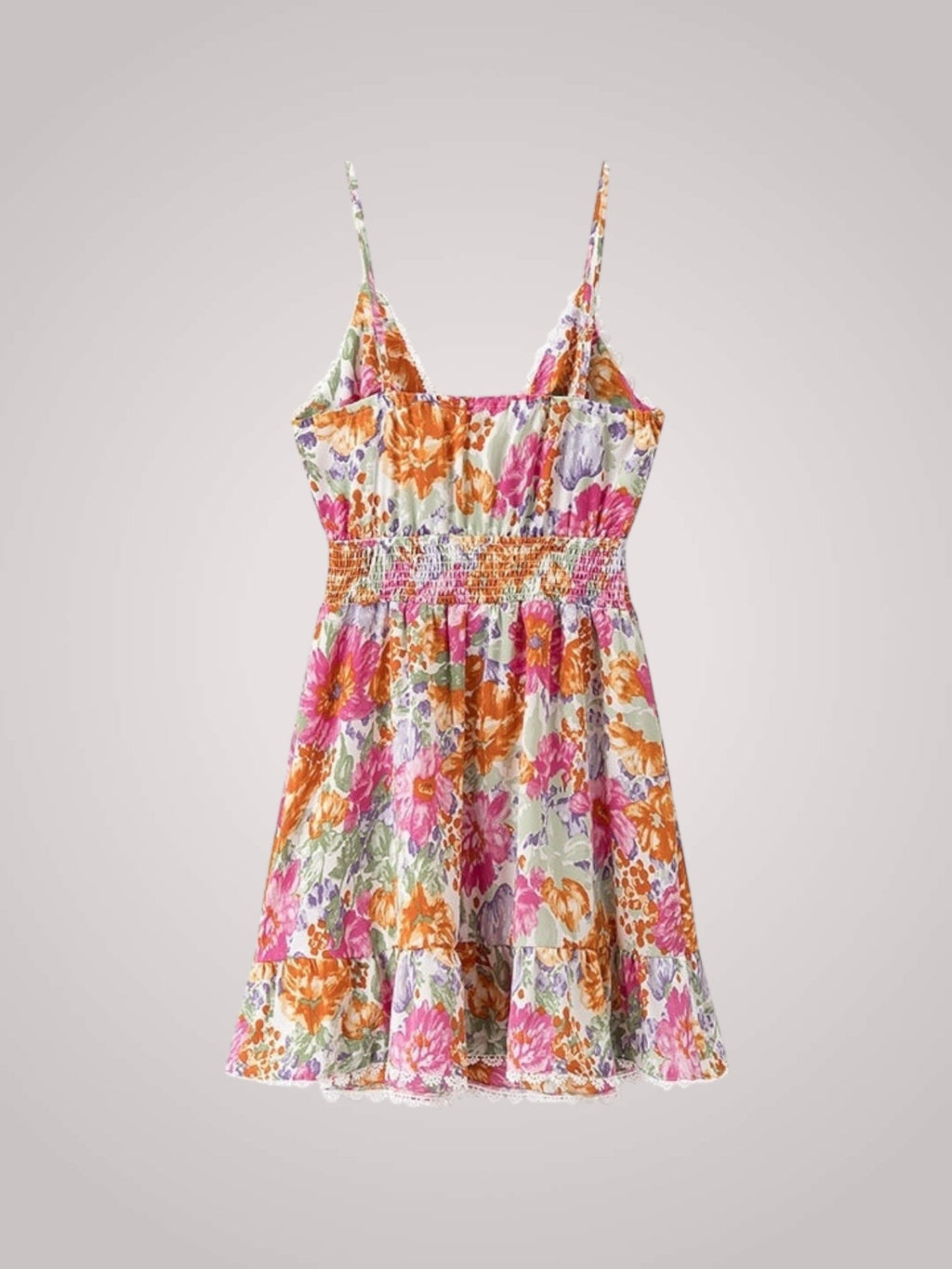 Floral Mini Dress Pink Lace Trim Tie-Front Women's – Summer, Vacation, Casual, Beach Party