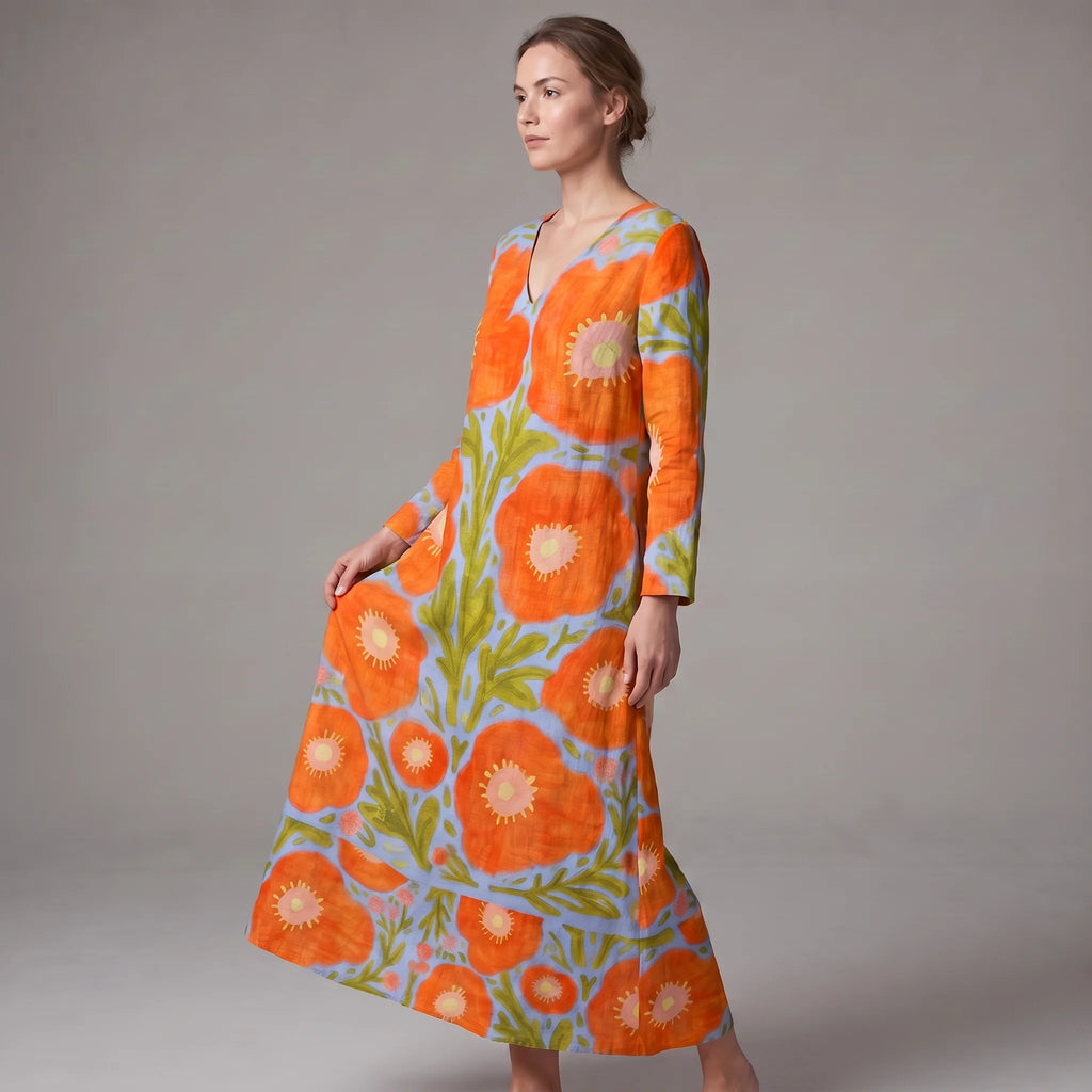 Floral Print Maxi Dress Orange V-Neck Long Sleeve Women's – Casual, Holiday · Faylori