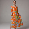 Floral Print Maxi Dress Orange V-Neck Long Sleeve Women's – Casual, Holiday · Faylori