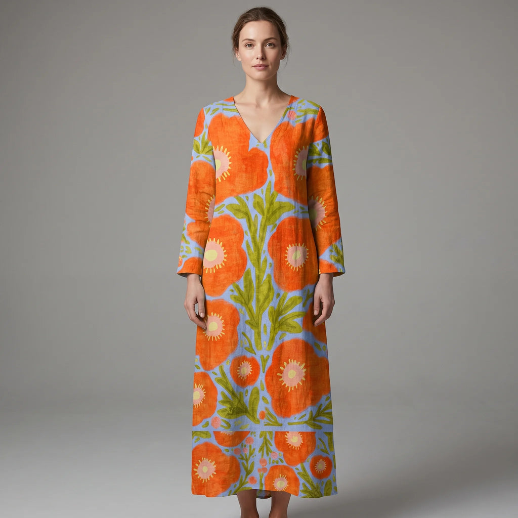 Floral Print Maxi Dress Orange V-Neck Long Sleeve Women's – Casual, Holiday · Faylori