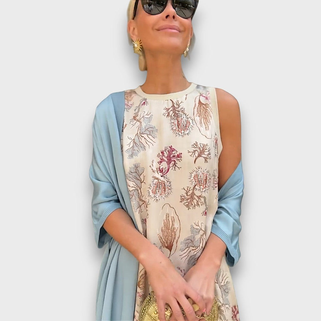 Floral Print Maxi Dress with Airy Cardigan Set Women's Sleeveless – Casual, Holiday, Office, Gift