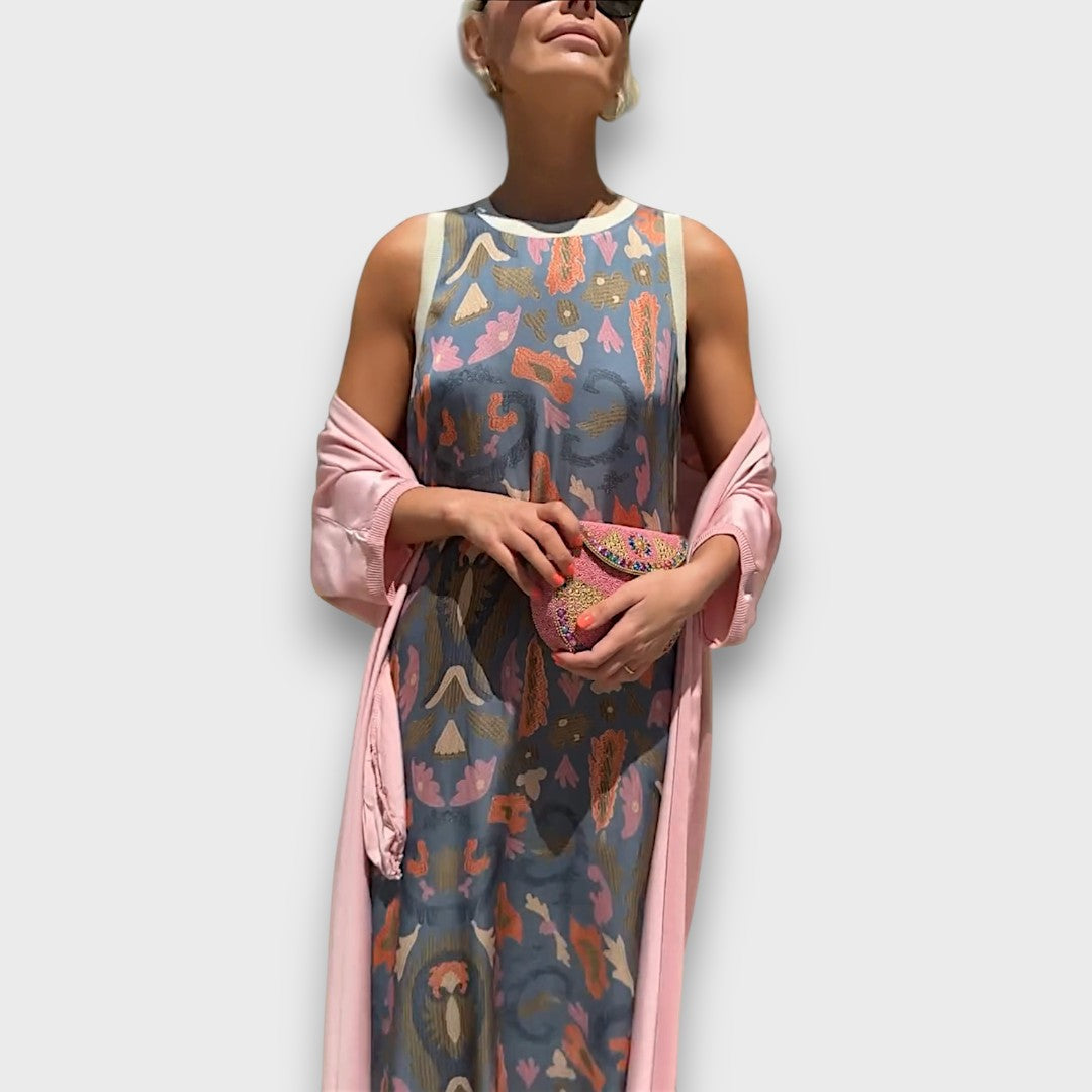 Floral Print Maxi Dress with Airy Cardigan Set Women's Sleeveless – Casual, Holiday, Office, Gift