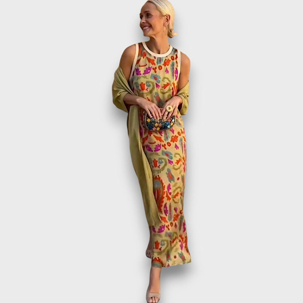 Floral Print Maxi Dress with Airy Cardigan Set Women's Sleeveless – Casual, Holiday, Office, Gift