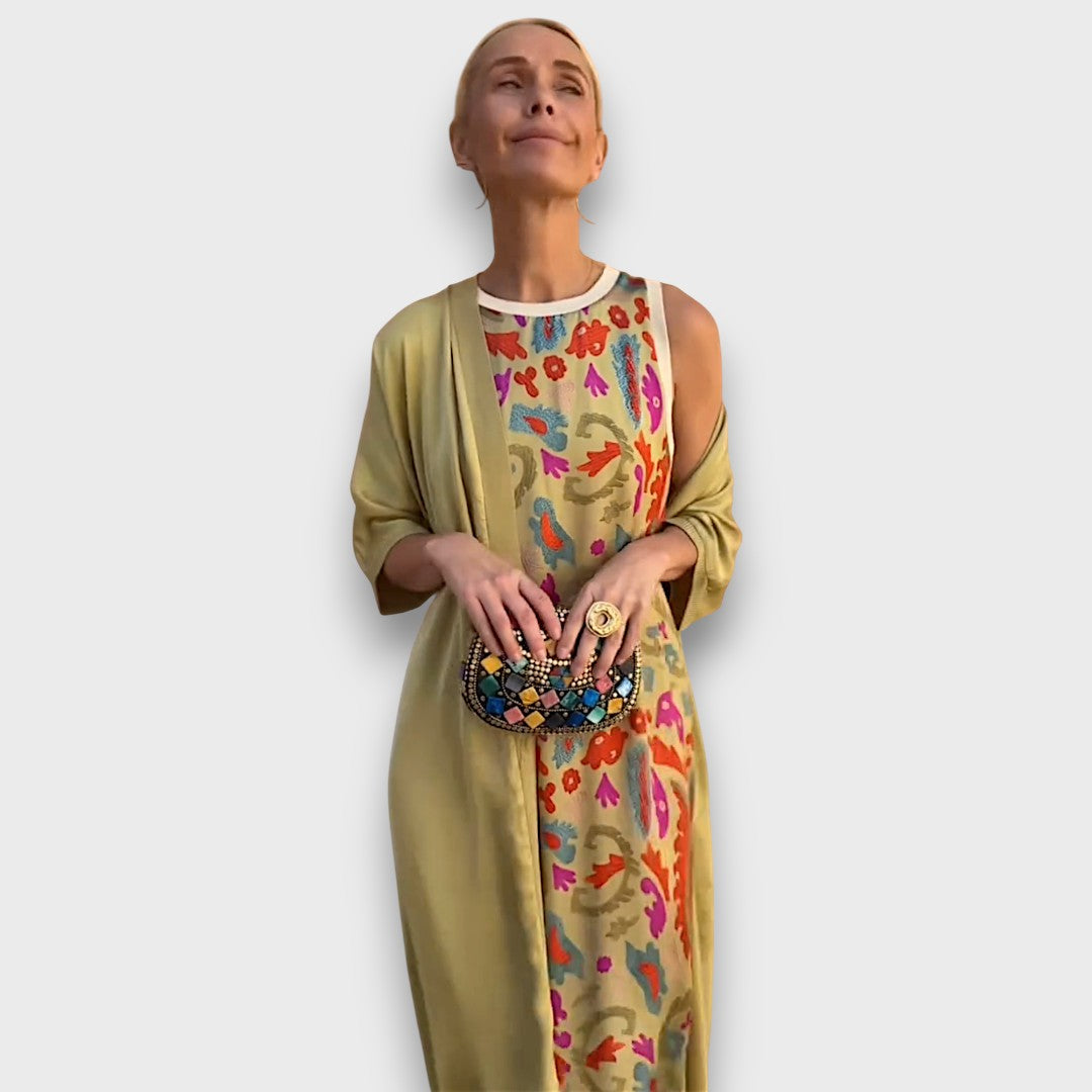 Floral Print Maxi Dress with Airy Cardigan Set Women's Sleeveless – Casual, Holiday, Office, Gift