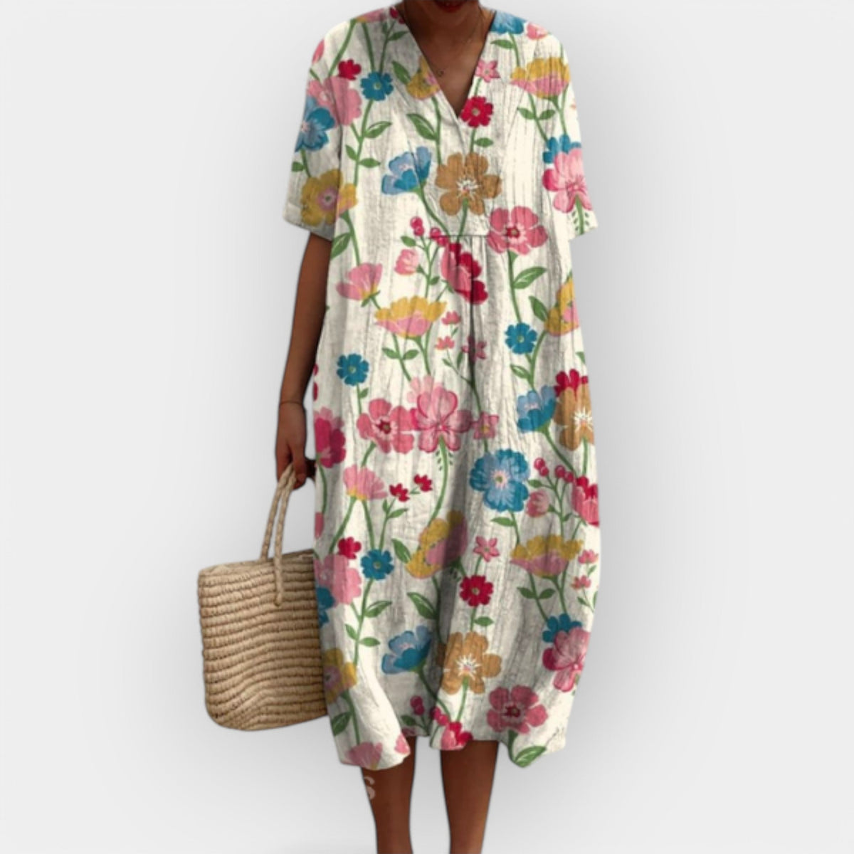 Floral Print Midi Dress V-Neck Short Sleeve Women's Multicolor – Summer, Casual, Beach, Holiday, Everyday Wear