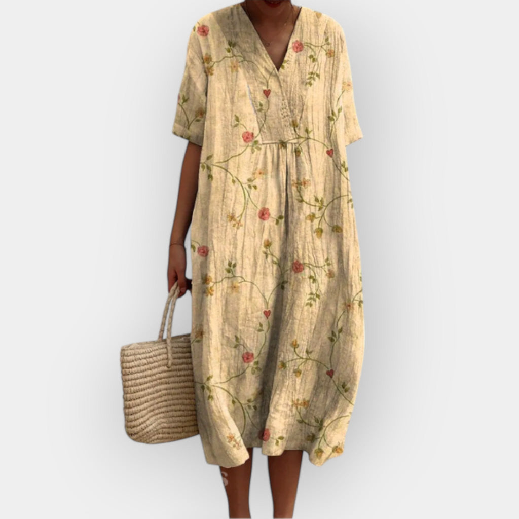 Floral Print Midi Dress V-Neck Short Sleeve Women's Multicolor – Summer, Casual, Beach, Holiday, Everyday Wear