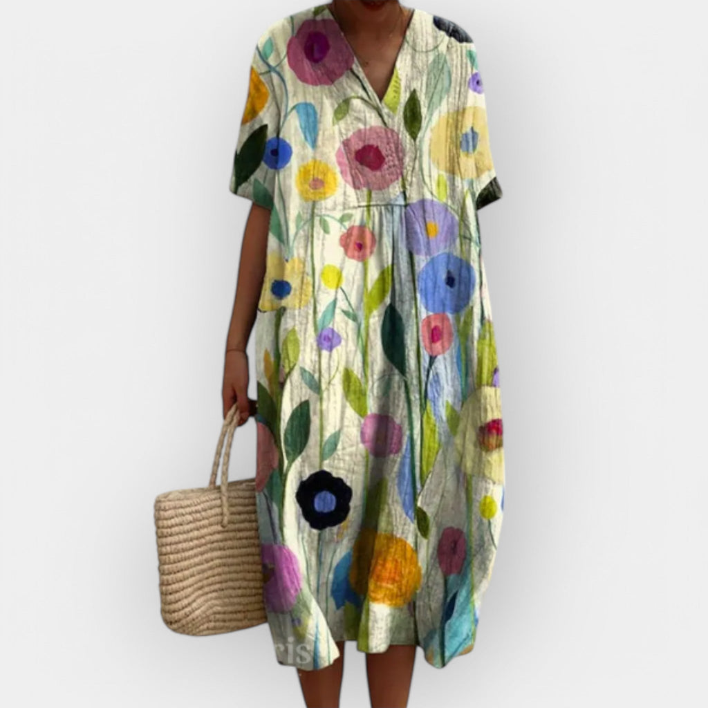 Floral Print Midi Dress V-Neck Short Sleeve Women's Multicolor – Summer, Casual, Beach, Holiday, Everyday Wear