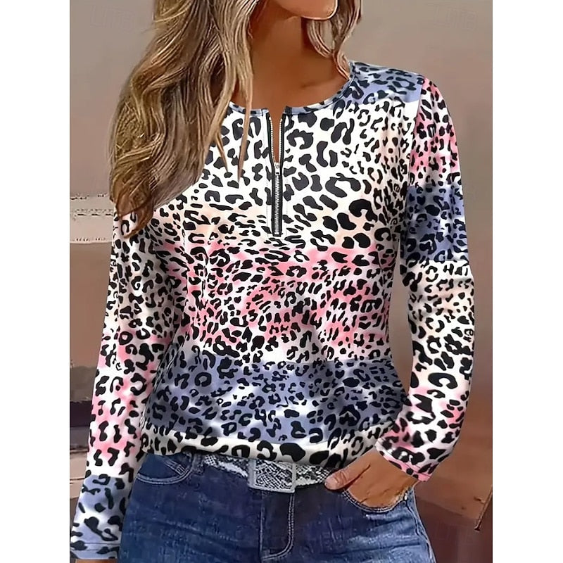 Floral Quarter-Zip Top Women's Long Sleeve V-Neck Black Blouse – Casual, Office · Faylori