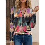 Floral Quarter-Zip Top Women's Long Sleeve V-Neck Black Blouse – Casual, Office · Faylori