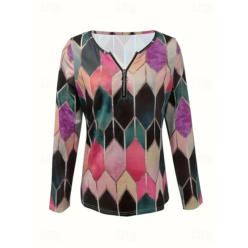 Floral Quarter-Zip Top Women's Long Sleeve V-Neck Black Blouse – Casual, Office · Faylori