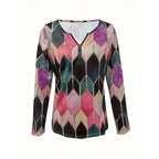 Floral Quarter-Zip Top Women's Long Sleeve V-Neck Black Blouse – Casual, Office · Faylori