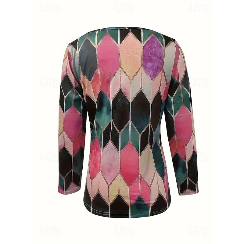 Floral Quarter-Zip Top Women's Long Sleeve V-Neck Black Blouse – Casual, Office · Faylori