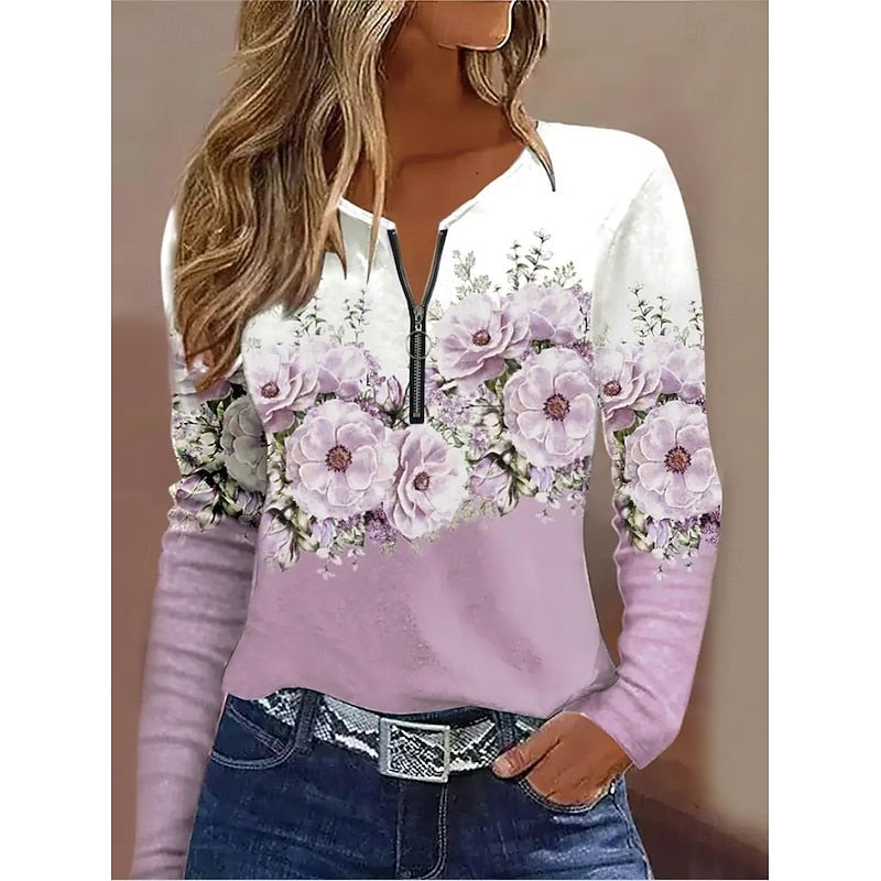 Floral Quarter-Zip Top Women's Long Sleeve V-Neck Black Blouse – Casual, Office · Faylori