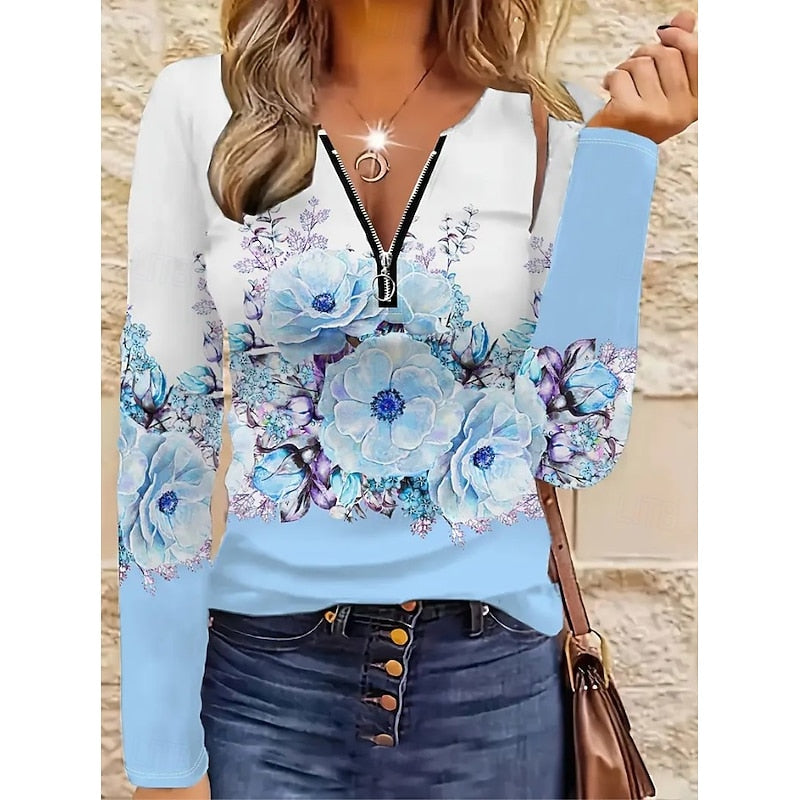 Floral Quarter-Zip Top Women's Long Sleeve V-Neck Black Blouse – Casual, Office · Faylori