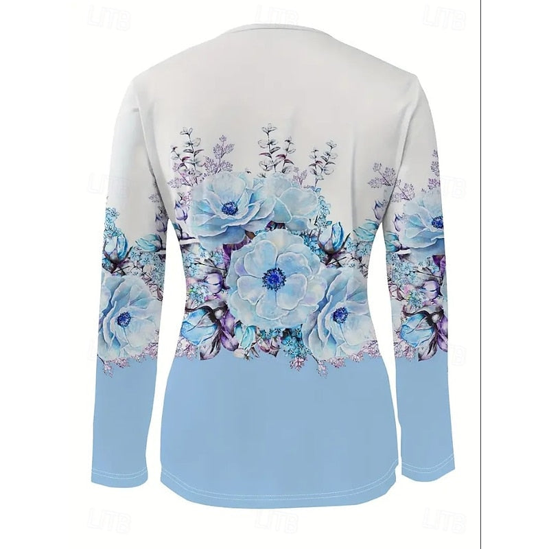 Floral Quarter-Zip Top Women's Long Sleeve V-Neck Black Blouse – Casual, Office · Faylori