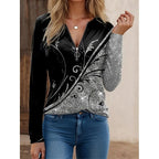 Floral Quarter-Zip Top Women's Long Sleeve V-Neck Black Blouse – Casual, Office · Faylori