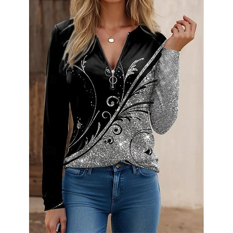 Floral Quarter-Zip Top Women's Long Sleeve V-Neck Black Blouse – Casual, Office · Faylori