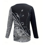 Floral Quarter-Zip Top Women's Long Sleeve V-Neck Black Blouse – Casual, Office · Faylori