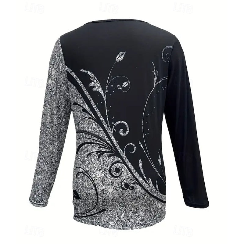 Floral Quarter-Zip Top Women's Long Sleeve V-Neck Black Blouse – Casual, Office · Faylori