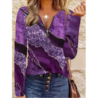 Floral Quarter-Zip Top Women's Long Sleeve V-Neck Black Blouse – Casual, Office · Faylori
