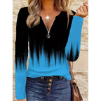 Floral Quarter-Zip Top Women's Long Sleeve V-Neck Black Blouse – Casual, Office · Faylori