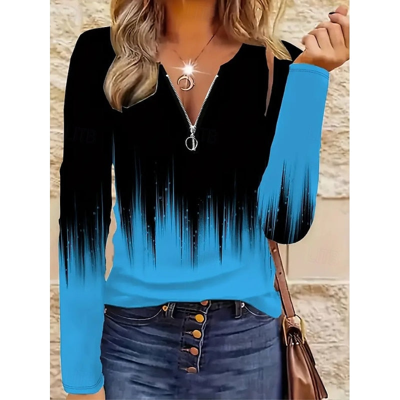 Floral Quarter-Zip Top Women's Long Sleeve V-Neck Black Blouse – Casual, Office · Faylori