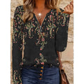 Floral Quarter-Zip Top Women's Long Sleeve V-Neck Black Blouse – Casual, Office · Faylori