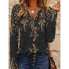 Floral Quarter-Zip Top Women's Long Sleeve V-Neck Black Blouse – Casual, Office · Faylori