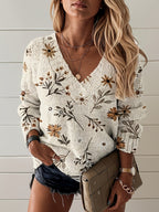 Floral V-Neck Sweater Women's Long Sleeve Knit Pullover Beige – Casual, Fall Layering Top for Everyday Wear