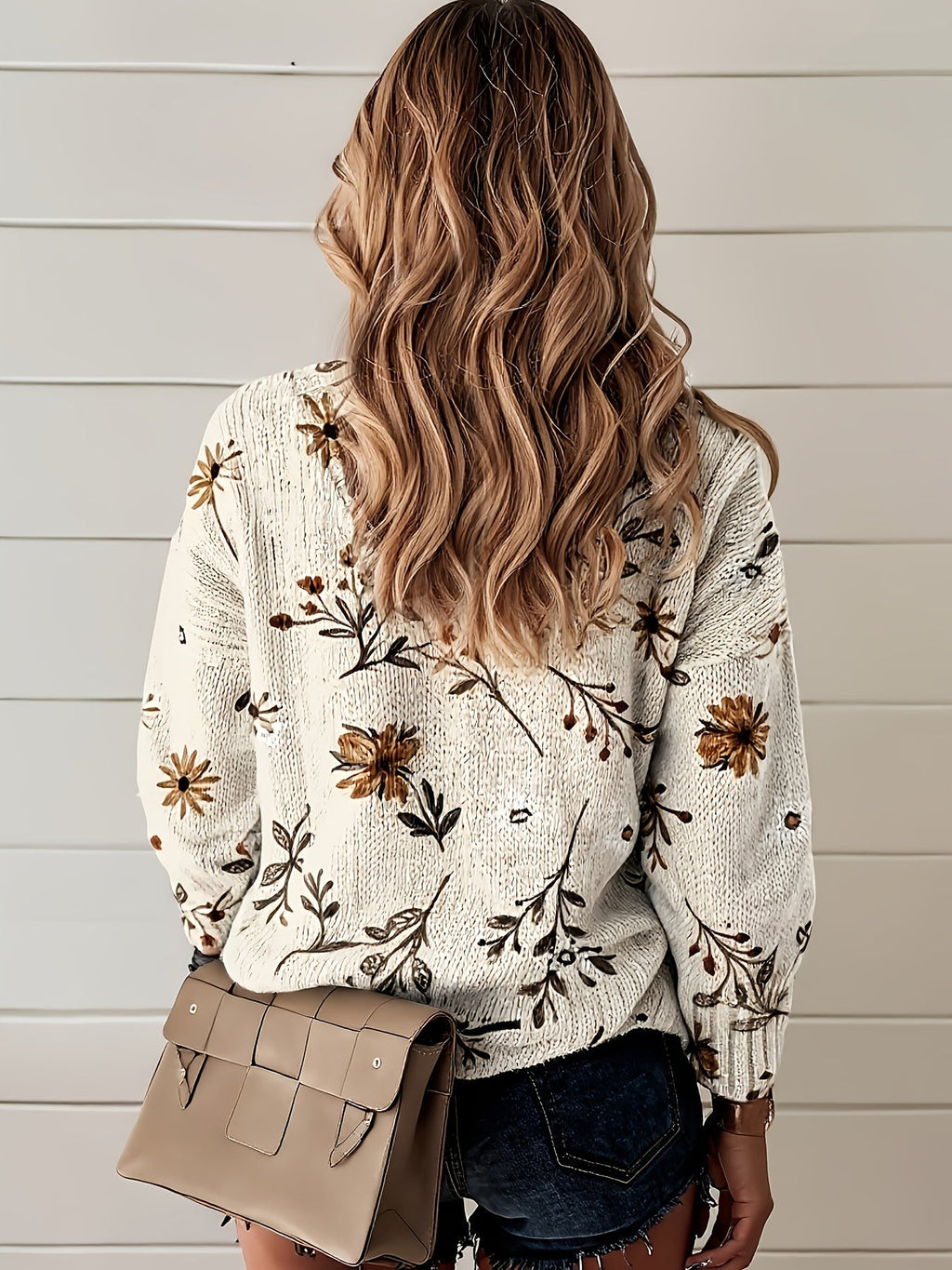 Floral V-Neck Sweater Women's Long Sleeve Knit Pullover Beige – Casual, Fall Layering Top for Everyday Wear