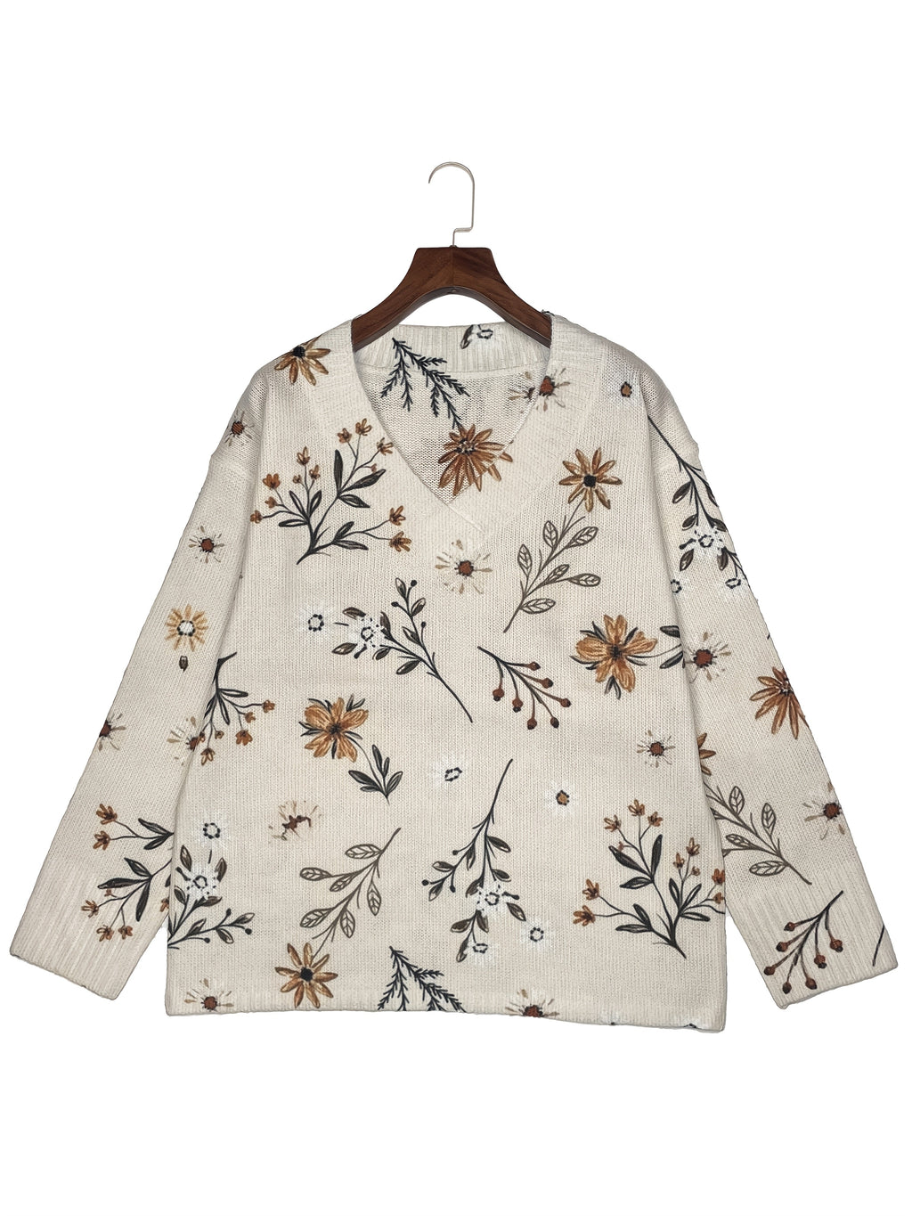 Floral V-Neck Sweater Women's Long Sleeve Knit Pullover Beige – Casual, Fall Layering Top for Everyday Wear