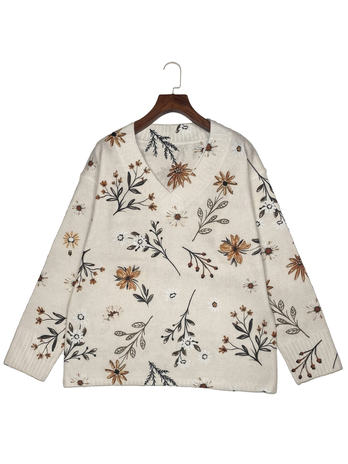 Floral V-Neck Sweater Women's Long Sleeve Knit Pullover Beige – Casual, Fall Layering Top for Everyday Wear