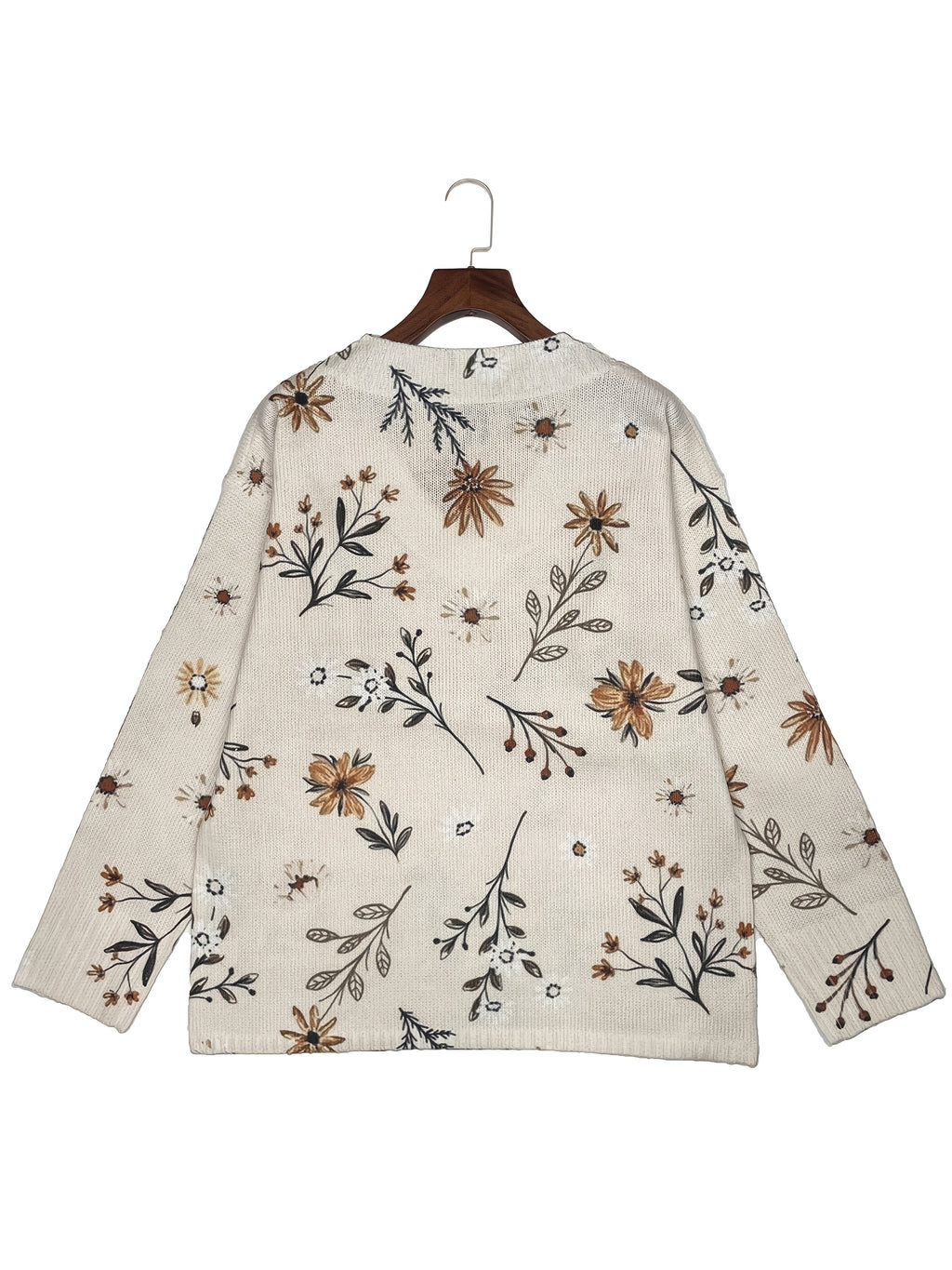 Floral V-Neck Sweater Women's Long Sleeve Knit Pullover Beige – Casual, Fall Layering Top for Everyday Wear