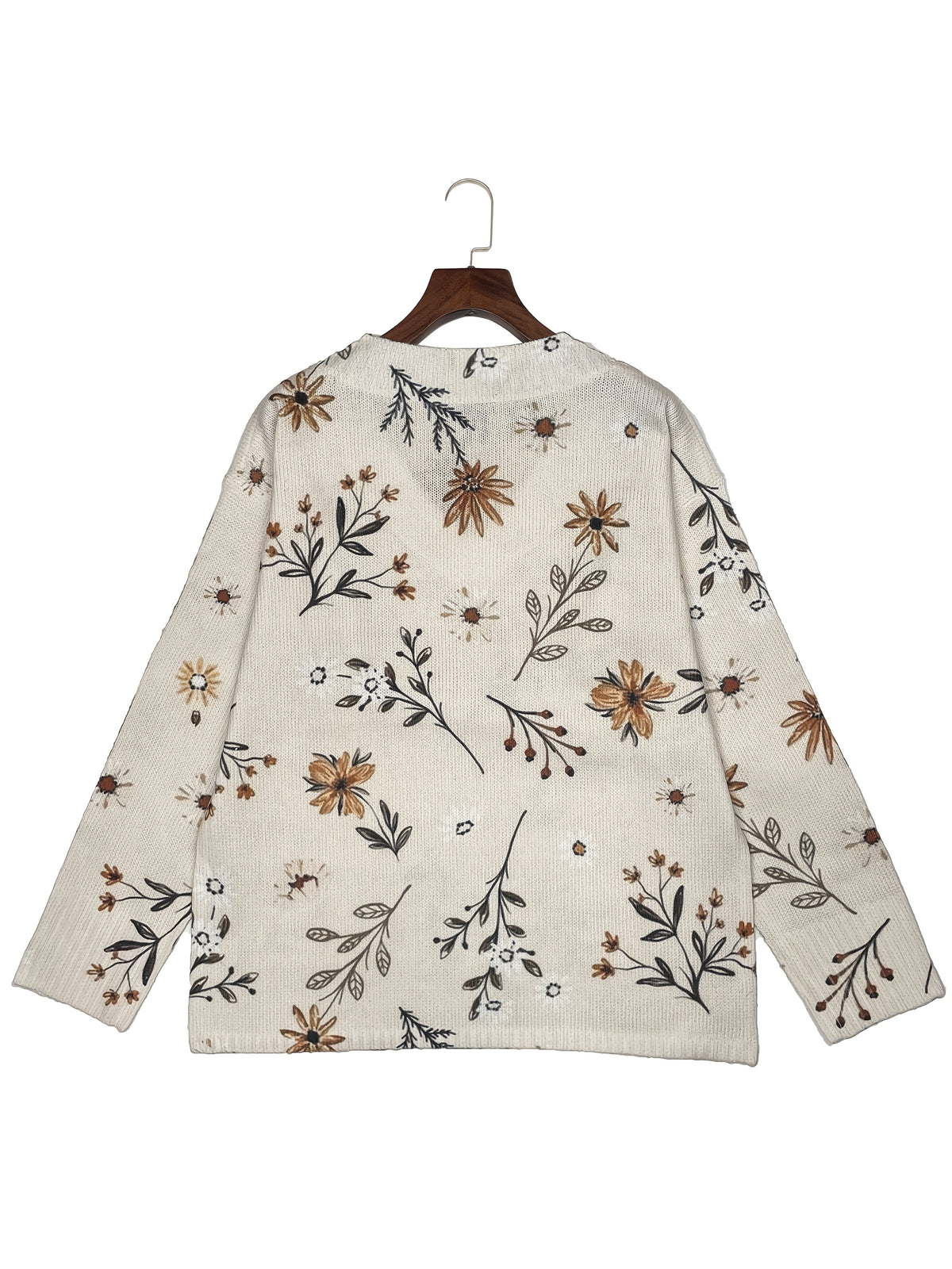 Floral V-Neck Sweater Women's Long Sleeve Knit Pullover Beige – Casual, Fall Layering Top for Everyday Wear