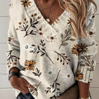 Floral V-Neck Sweater Women's Long Sleeve Knit Pullover Beige – Casual, Fall Layering Top for Everyday Wear